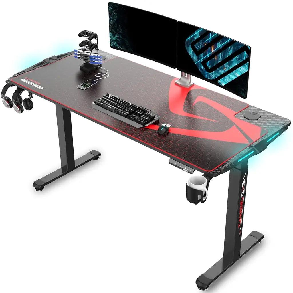 EUREKA ERGONOMIC Electric Standing Height Adjustable Gaming Computer Home Office Metal Desk with RGB LED Lights with Gaming Style 65 Inches Black - HIPER