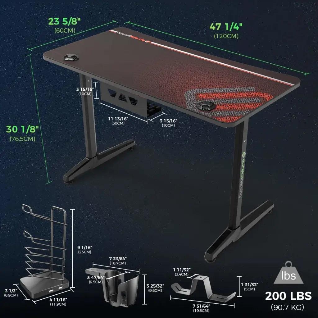 EUREKA ERGONOMIC Gaming Desk P47 I Shaped Gaming Computer Desk PC Gaming Table for Home and Office 120 * 60cm Black (Metal) - HIPER