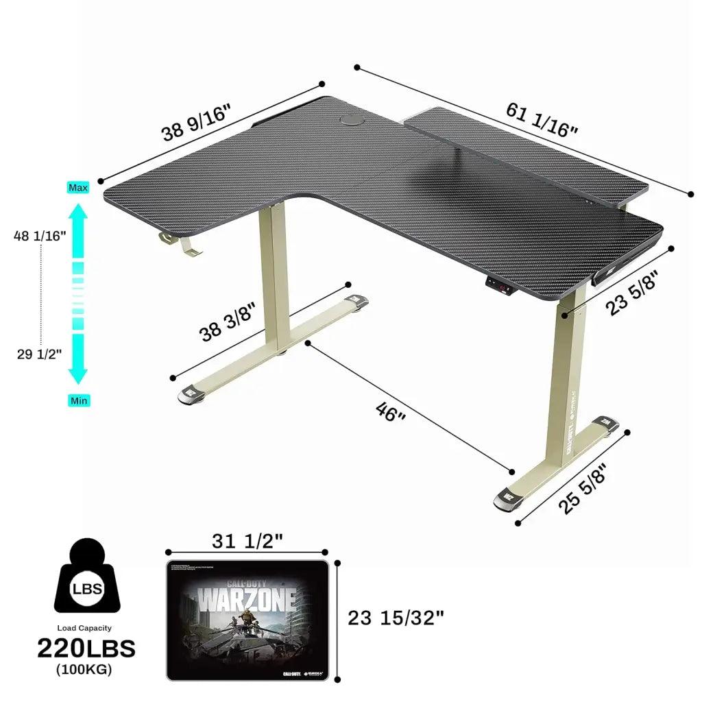 EUREKA ERGONOMIC L Shaped Electric Height Adjustable RGB Lights Gaming Standing Desk, Dual Motor Sit Stand Up Home Office Computer Table - HIPER