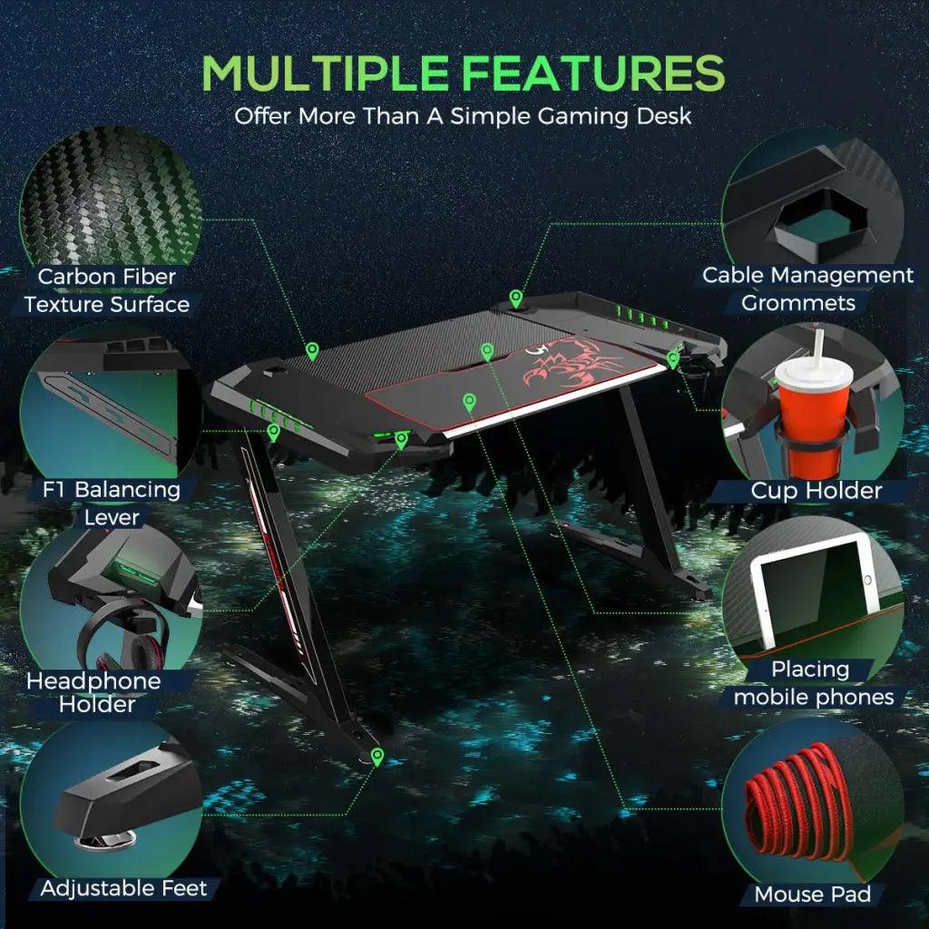 EUREKA ERGONOMIC Z2 Gaming Desk 50.6’’ Z Shaped Office PC Computer Gaming Table with Retractable Cup Holder Headset Hook RGB Light - HIPER