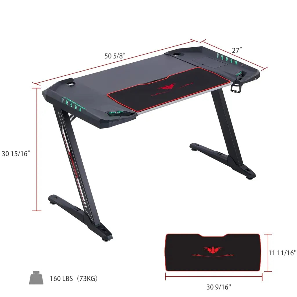 EUREKA ERGONOMIC Z2 Gaming Desk 50.6'' Z Shaped Office PC Computer Gaming Table with Retractable Cup Holder Headset Hook RGB Light - Eureka - Digital IT Cafè